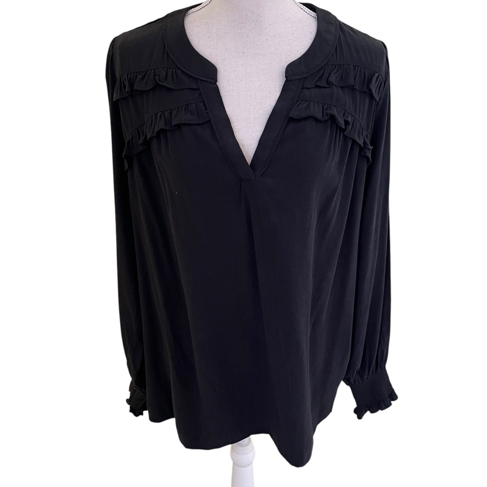 Democracy Black Long Sleeve V-Neck Double Ruffle Yoke Woven Blouse 1X - Picture 2 of 11